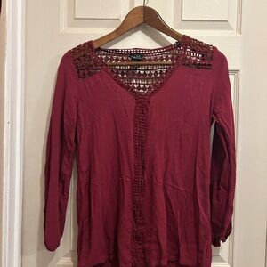 Rue21 Burgundy Crochet Detail long sleeve Top - size Large